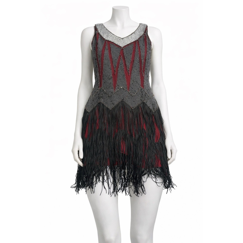 J Flapper Gatsby Dress Size S Black Red Beaded Fringed 1920's FUN DAISY‎ Prom Fo